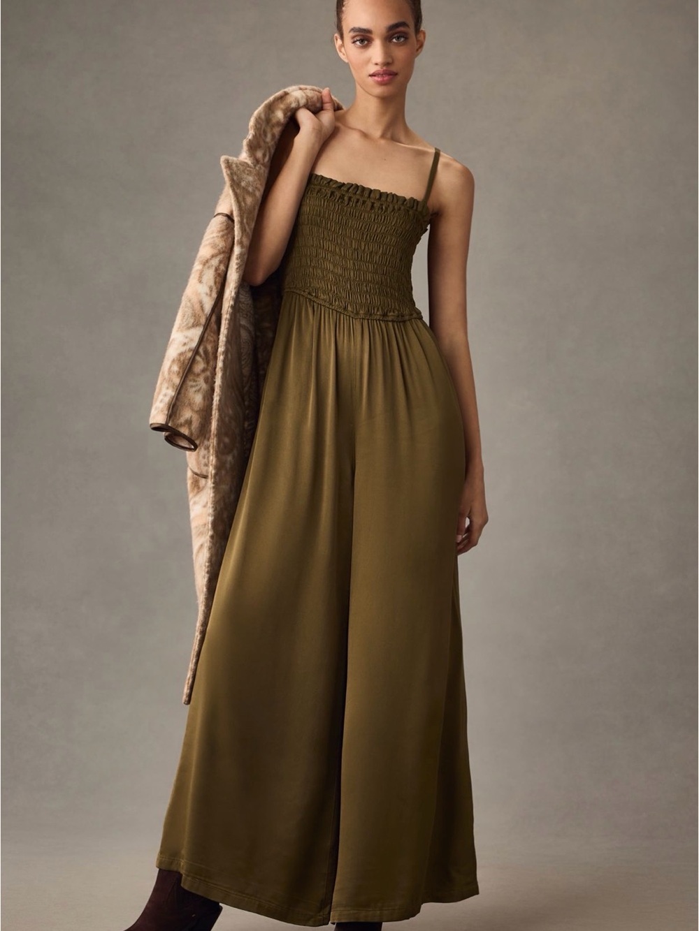 Pilcro Olive Green Smocked-Strap Wide-Leg Jumpsuit